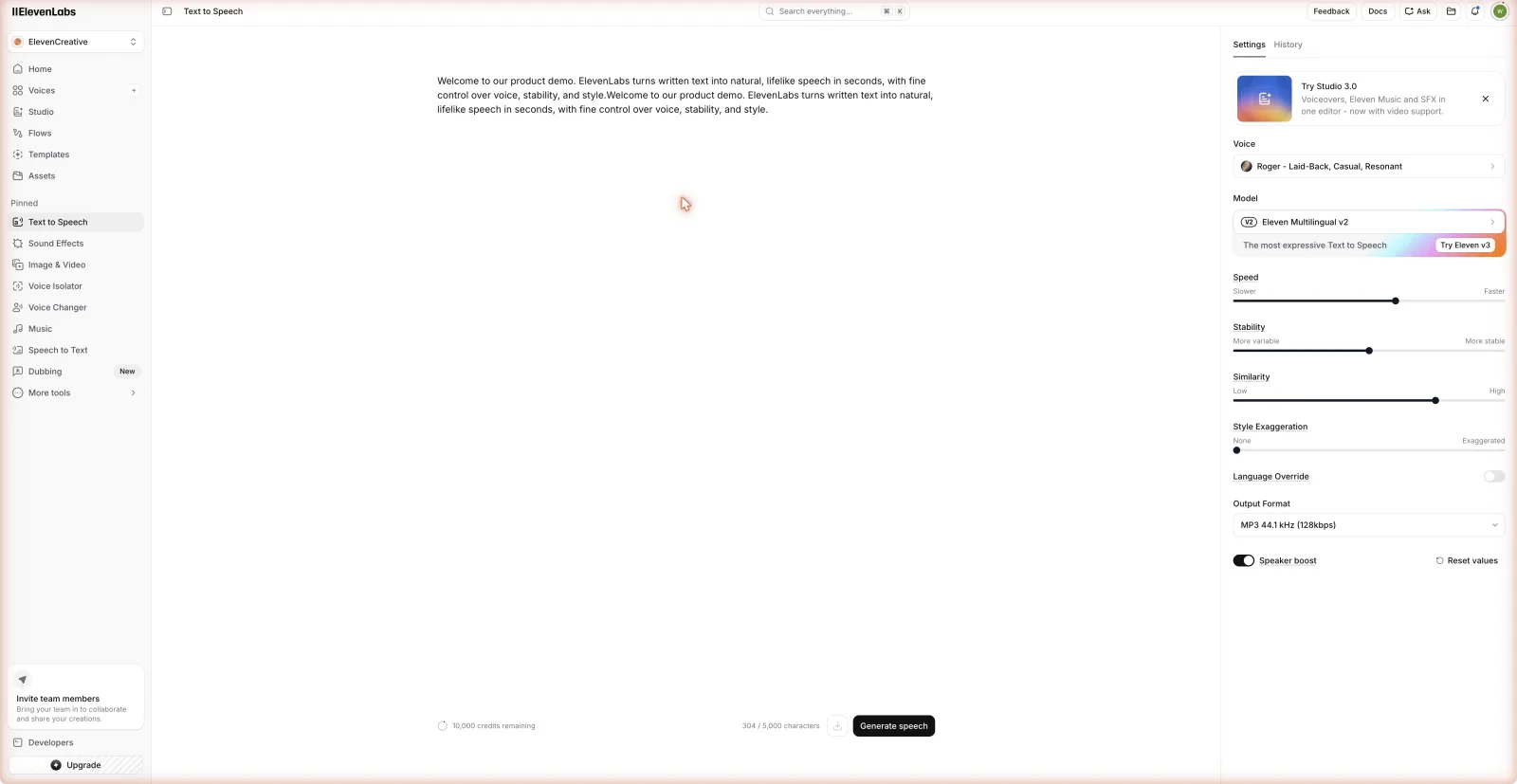 ElevenLabs text-to-speech studio interface with voice controls and script editor