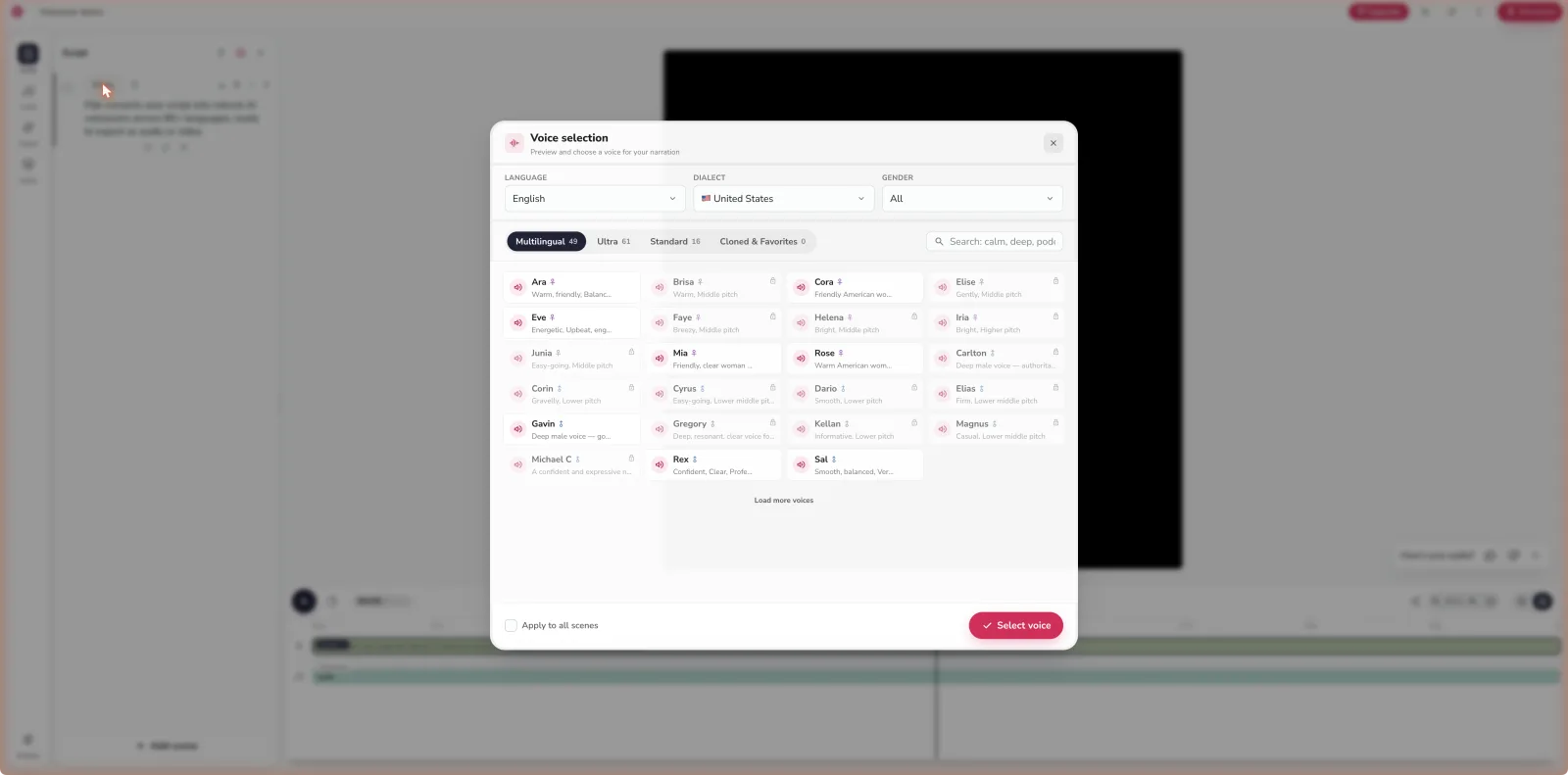 Fliki voice selection interface for script-to-video voiceover workflows