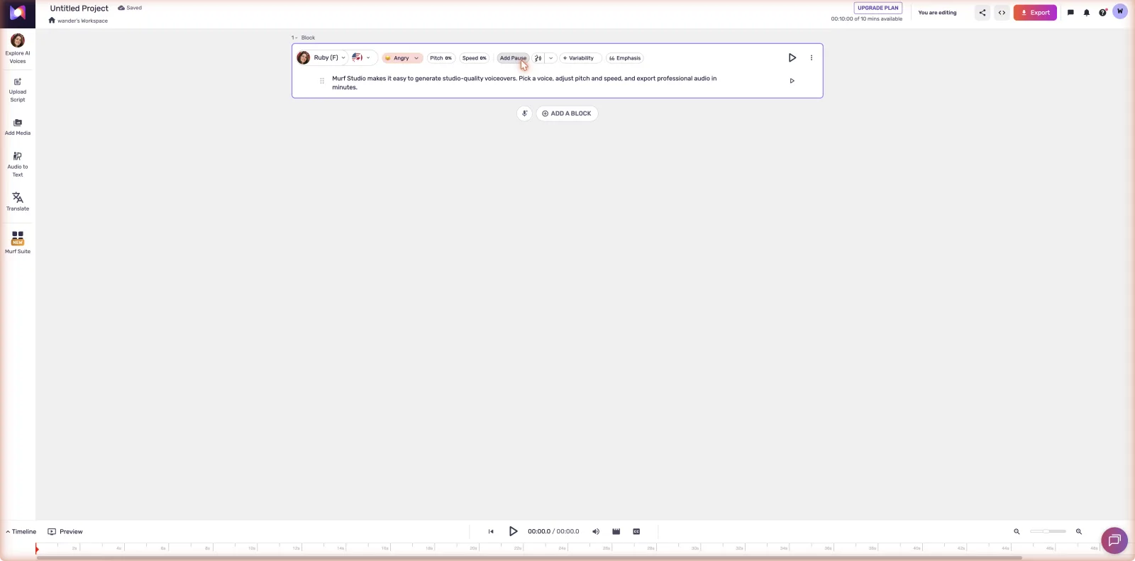 Murf AI studio editor interface for script-based voiceover production